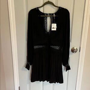 NWT Free People Black Long Sleeve Dress with Lace Details. Size 8
